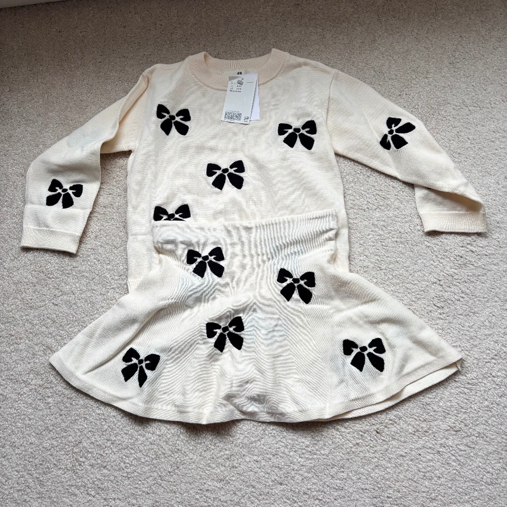 H&M Bow Knit Sweater Skirt Set Girls 5T/6 Cream Black Matching Outfit